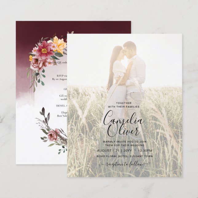 Elegant Burgundy Fall Floral Wedding Invitation (Front/Back)