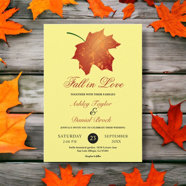 Elegant Burgundy Fall Leaves Yellow Floral Wedding Invitation (Creator Uploaded)