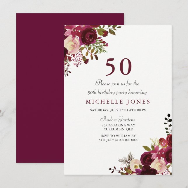Elegant Burgundy Floral 50th Birthday Invitation (Front/Back)