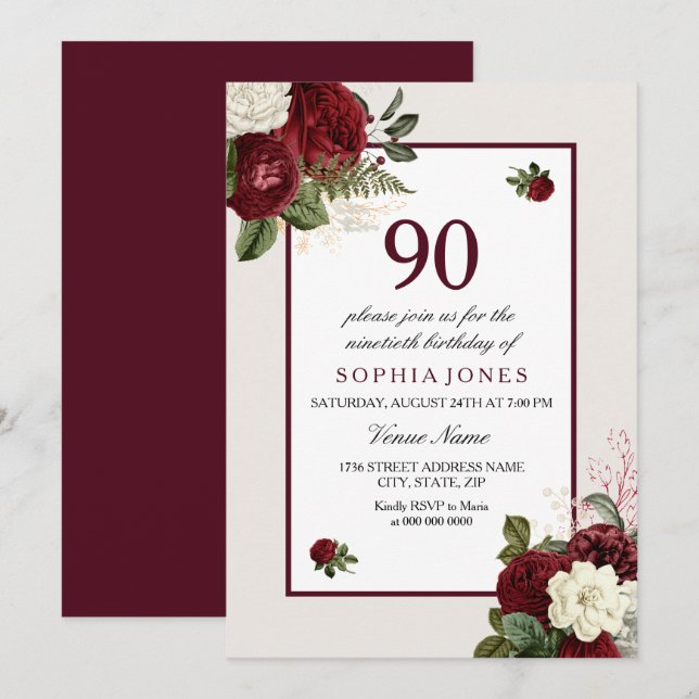 Elegant Burgundy Floral 90th Birthday Party Invitation (Front/Back)