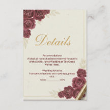 Elegant Burgundy Floral and Gold Wed Details Card