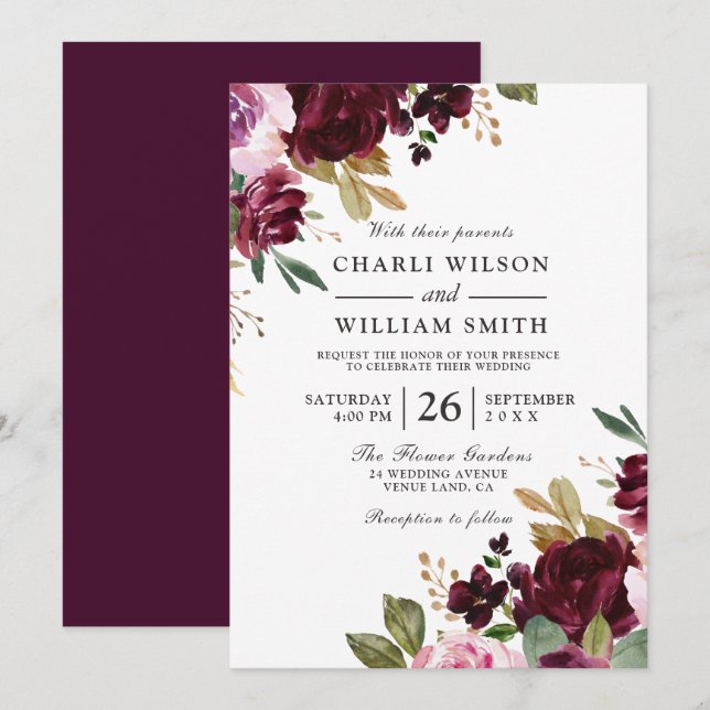 Elegant Burgundy Floral Autumn Fall Spring Wedding Invitation (Front/Back)