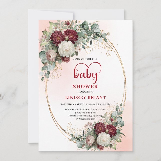 Elegant Burgundy Floral Baby Shower Invitation (Front)