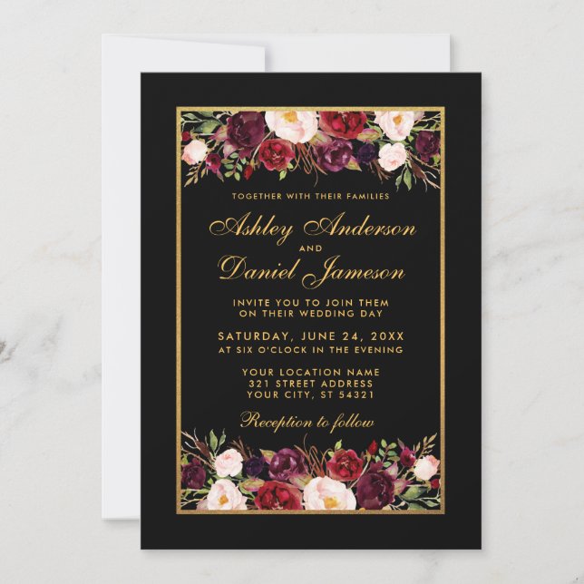 Elegant Burgundy Floral Black Gold Frame Wedding Invitation (Front)