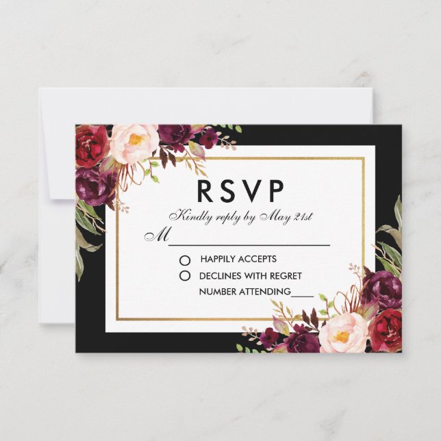 Elegant Burgundy Floral Black Gold Wedding RSVP (Front)