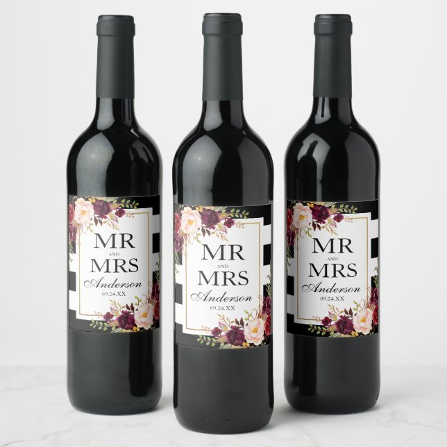 Elegant Burgundy Floral Black White Striped Wine Label (Bottles)