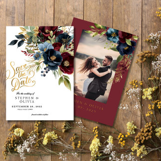Elegant Burgundy Floral Blooms & Greenery  Save The Date
