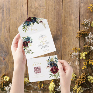 Elegant Burgundy Floral Blooms QR RSVP wedding All In One Invitation
