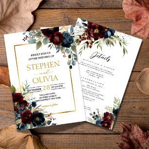 Elegant Burgundy Floral Blooms wedding with detail Invitation