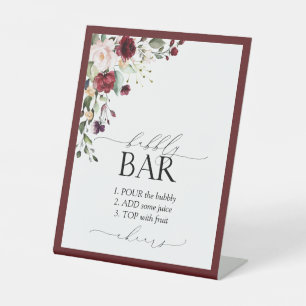 Elegant Burgundy Floral Bridal Shower Bubbly Bar Pedestal Sign