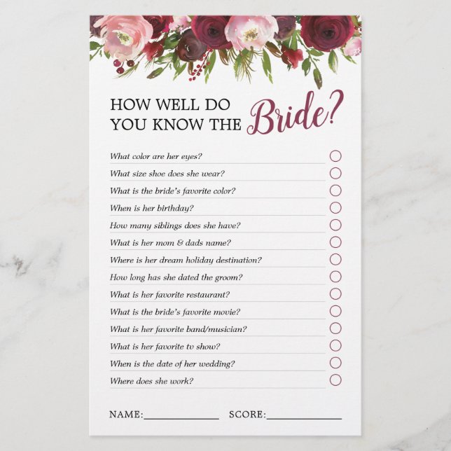 Elegant Burgundy Floral Bridal Shower Game (Front)