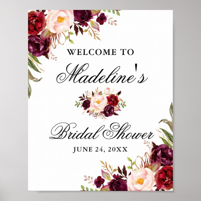 Elegant Burgundy Floral Bridal Shower Poster (Front)