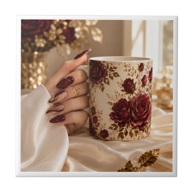 Elegant Burgundy Floral Ceramic Decorative Tile (Front)
