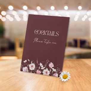 Elegant Burgundy Floral Cocktails Table Sign