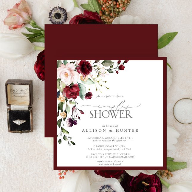 Elegant Burgundy Floral Couples Shower Invitation (Creator Uploaded)
