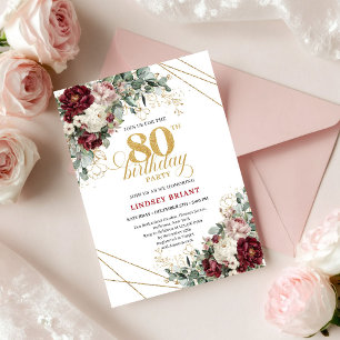 Elegant Burgundy Floral Eucalyptus Gold 80th Bday Invitation