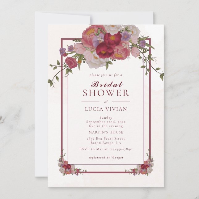 Elegant Burgundy Floral Frame Bridal Shower Invitation (Front)
