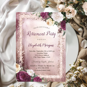 Elegant Burgundy Floral Glitter Frame Retirement Invitation