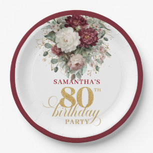 Elegant Burgundy Floral Gold 80th Birthday Paper Plate