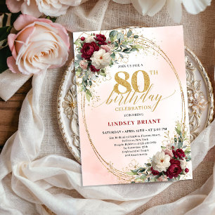 Elegant Burgundy Floral Gold 80th Birthday Party  Invitation