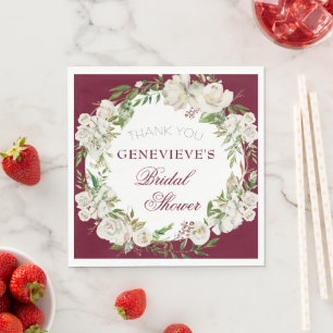 Elegant Burgundy Floral Gold Bridal Shower Welcome Napkin