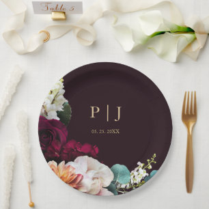 Elegant Burgundy Floral Gold Monogram Wedding Paper Plate