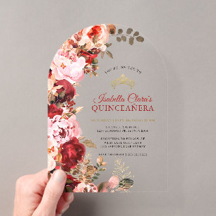 Elegant Burgundy Floral Gold Quinceanera Acrylic Invitations