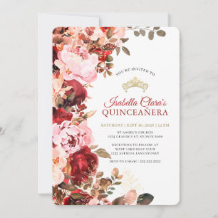 Elegant Burgundy Floral Gold Quinceanera Invitation