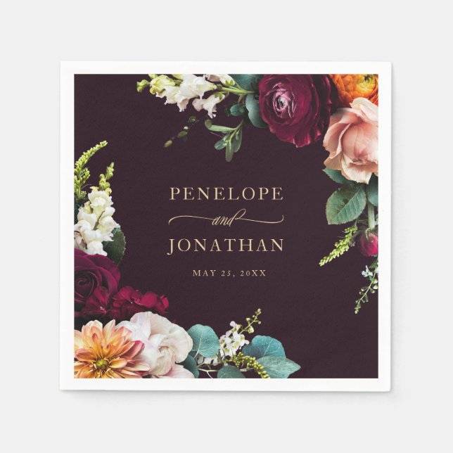 Elegant Burgundy Floral Gold Script Wedding Napkin (Front)