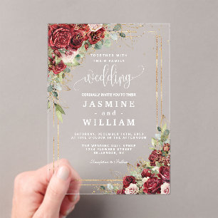 Elegant Burgundy Floral  Gold  Wedding Acrylic Invitations