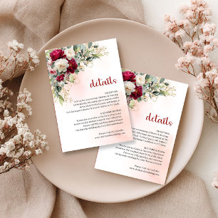 Elegant Burgundy Floral Gold Wedding Details Card