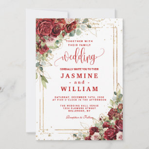 Elegant Burgundy Floral  Gold  Wedding Invitation