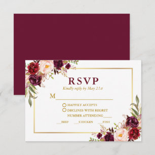 Elegant Burgundy Floral Gold Wedding Meal RSVP Card