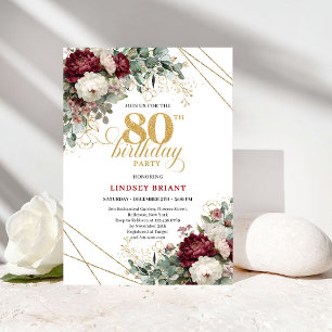 Elegant Burgundy Floral Greenery 80th Birthday Invitation