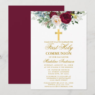 Elegant Burgundy Floral Greenery Communion Invitation