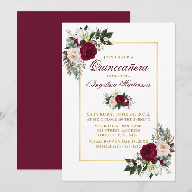 Elegant Burgundy Floral Greenery Gold Quinceanera Invitation (Front/Back)