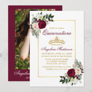 Elegant Burgundy Floral Greenery Photo Quinceanera Invitation