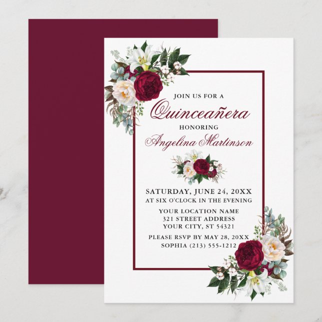 Elegant Burgundy Floral Greenery Quinceanera Party Invitation (Front/Back)