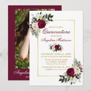 Elegant Burgundy Floral Greenery Quinceanera Photo Invitation