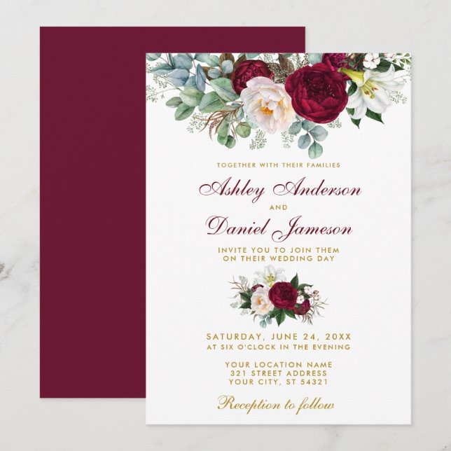 Elegant Burgundy Floral Greenery Wedding Gold Invitation (Front/Back)