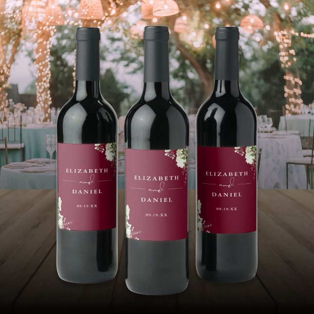 Elegant Burgundy Floral Greenery Wedding Wine Label (Elegant Burgundy Floral Greenery Wedding Wine Label)