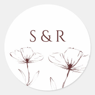 Elegant Burgundy Floral Line Art Monogram Round Classic Round Sticker
