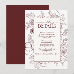 Elegant Burgundy Floral Line Art Wedding Details Enclosure Card