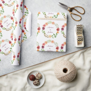 Elegant Burgundy Floral Peony Personalized Wedding Wrapping Paper