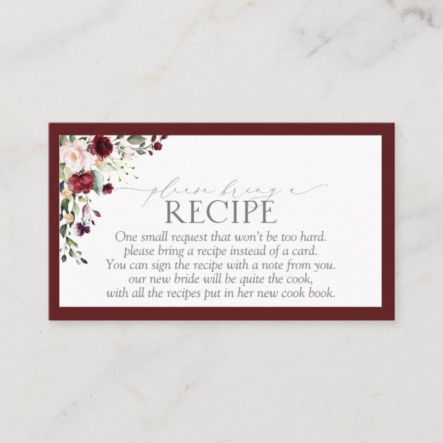 Elegant Burgundy Floral Please Bring A Recipe Enclosure Card (Front)