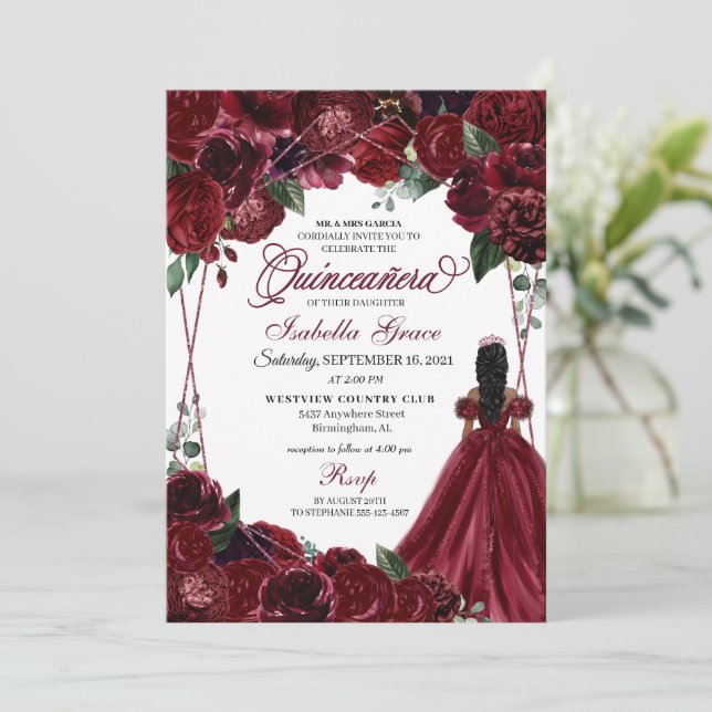 Elegant Burgundy Floral Quinceanera Invitation (Standing Front)