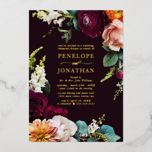 Elegant Burgundy Floral Rehearsal Dinner Gold