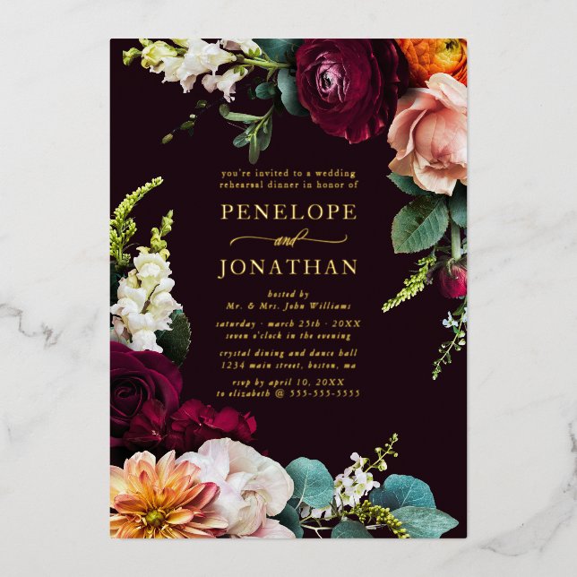 Elegant Burgundy Floral Rehearsal Dinner Gold (Front)