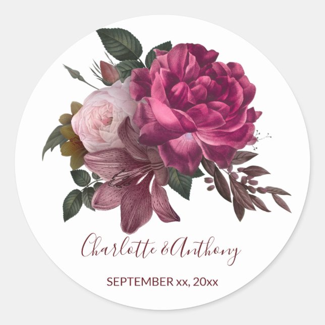 Elegant Burgundy Floral Round Wedding Sticker (Front)