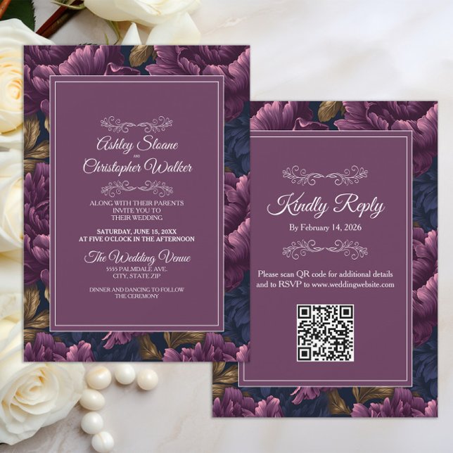 Elegant Burgundy Floral RSVP QR code Wedding Invitation (Elegant burgundy velvet floral wedding invitation/rsvp combo with your QR code )
